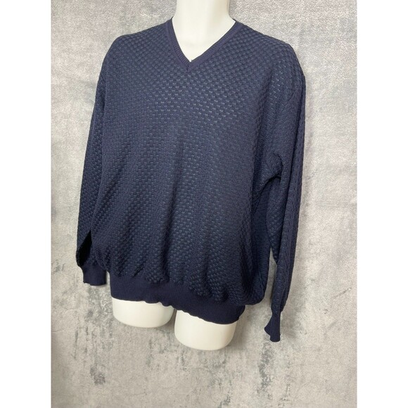 Segreto Sweater Size XL V Neck 100% Pure New Wool Fine Merino Textured Navy - Picture 4 of 16